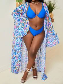 SHEIN Swim Women Solid Color Bikini Set With Underwire And Geometric Printed Cover-Up, Random Print For Beach Vacation In Summer - Multicolor - View 3