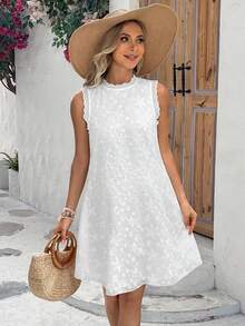 SHEIN Abito senza maniche in colore tinta unita per maternità con collo all"americana, spalline sottili, vuoto a forma di fiore sul collo e ricamo decorativo - Bianco - Visualizzare 5