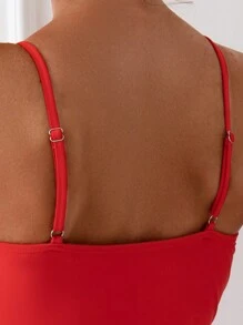 SHEIN Swim Women Solid Color Spaghetti Strap Pleated Beach Style Summer One-Piece Swimsuit