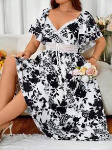 Sunnyshic Plus Size Women's Double Layer Ruffle Sleeve Fringe Hem Long Dress - Black and White - View 2