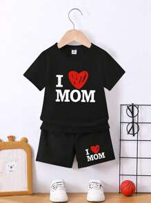 SHEIN Explorewe 2pcs/Set Boys Casual Funny Letter & Heart Pattern Set For Summer,Family Matching Simple Versatile Shorts Outfit Suitable For Holiday Travel Getaway - Black - View 1