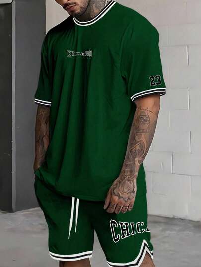 Guys Letter Graphic Contrast Trim Tee & Drawstring Waist Shorts