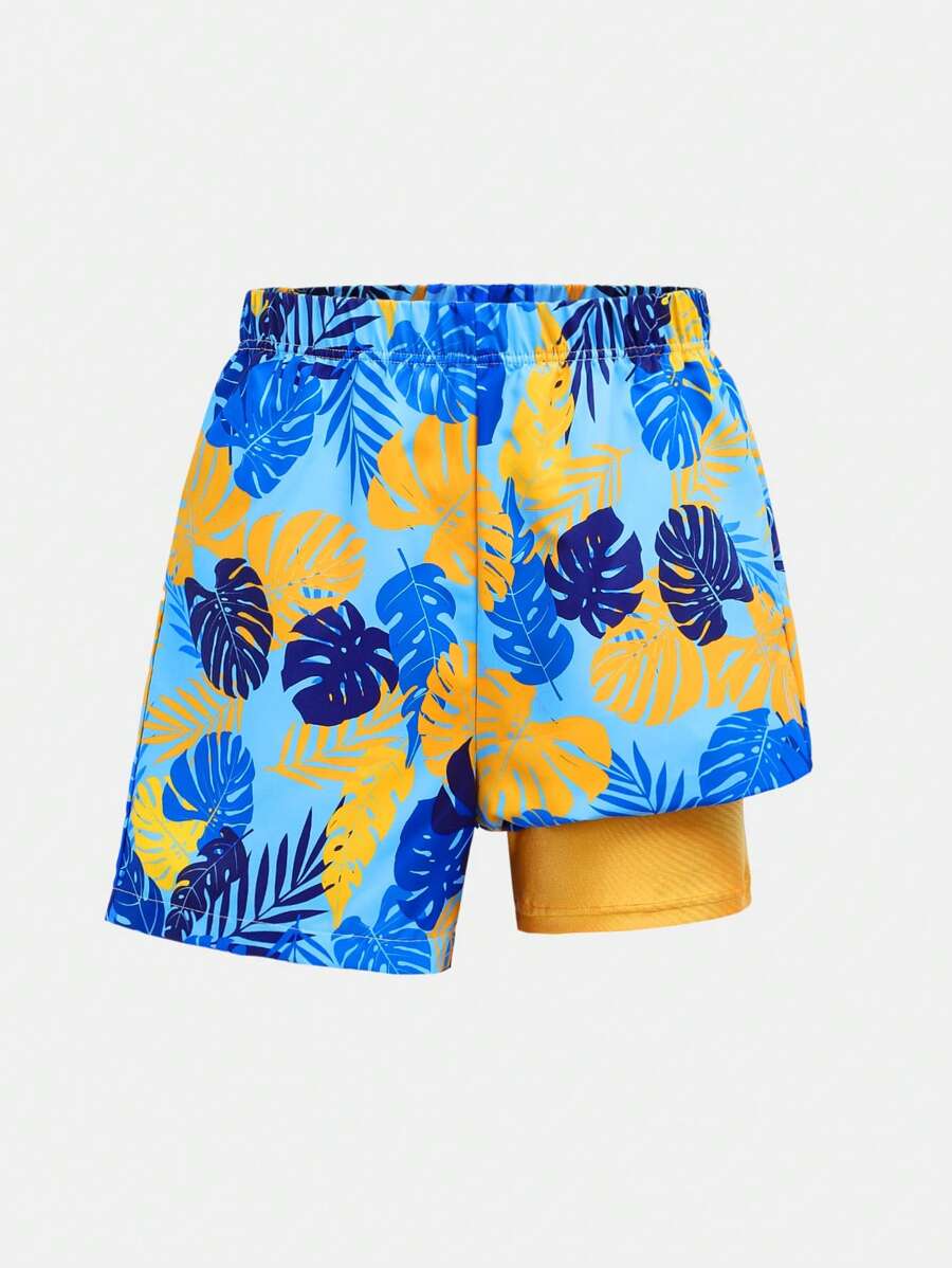 SHEIN Tween Boy Tropical Plant Print 2 In 1 Swim Trunks - Multicolor - View 1