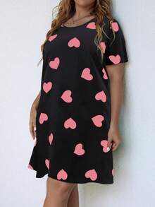 SHEIN LUNE Plus Size Simple Heart Print Round Neck Short Sleeve Dress - Pink - View 6