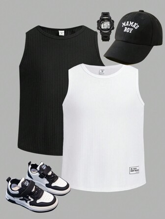 SHEIN Tween Boys Extended Size Solid Color Textured Tank Top 2pcs/Set