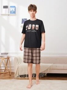 SHEIN Teen Boy Cartoon Pattern Short Sleeve T-Shirt And Plaid Shorts Summer Pajama Set 2 Pieces