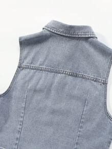 Teen Girl Street Casual Light Blue Washed Raw Hem Áo sơ mi denim có thắt lưng không tay - Rửa nhẹ - Xem 3