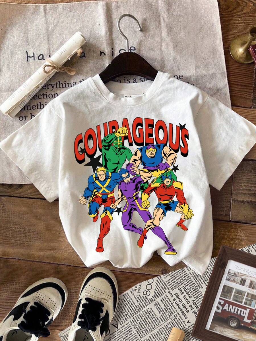 SHEIN Young Boy Casual Cartoon Character Print Short Sleeve Round Neck ...