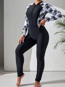 Swim Mulvari Women Summer Beach Vacation Contrast Palm Tree Print Long Sleeve Burkini Set - Multicolor - View 5