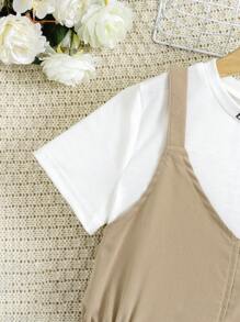 Tween Girl Round Neck Short Sleeve Top + Solid Color Pocketed Thick Strap Sleeveless Dress Two-Piece Set