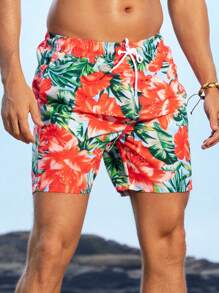 Surfspeed Men Tropical Printed Drawstring Waist Summer Holiday Beach Shorts - Red - View 4