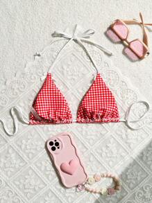 Swim Mod Women Summer Beach Vacation Gingham Simple Halter Neck Bikini Top With Random Print - Red and White - View 2