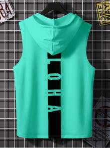Manfinity Homme Men Hooded Drawstring Tank Top With Letter Print - Teal Blue - View 1