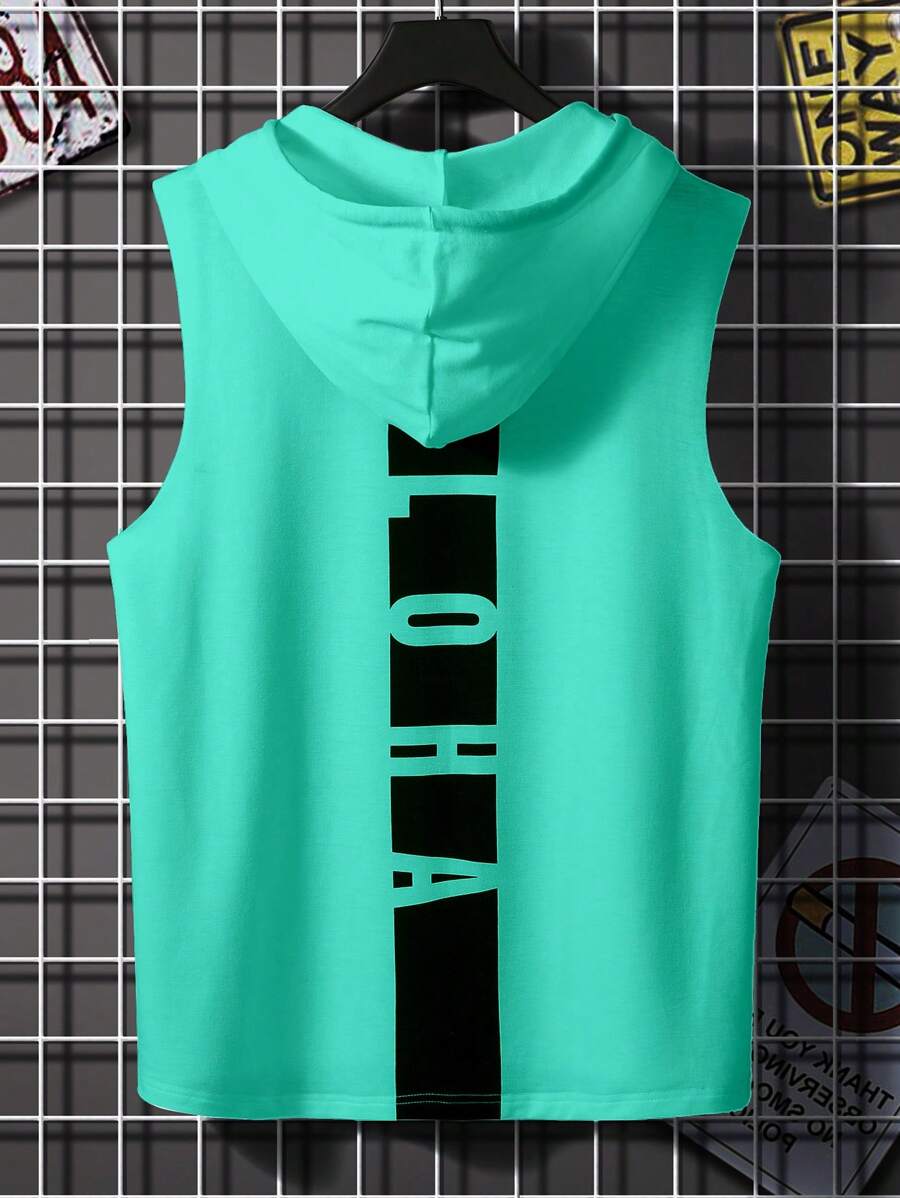 Manfinity Homme Men Hooded Drawstring Tank Top With Letter Print - Teal Blue - View 1