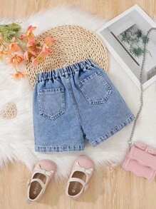SHEIN Young Girl Casual And Cute Heart-Shaped Embroidery Colorful Button Details Denim Shorts For Daily Wear - Medium Wash - View 2
