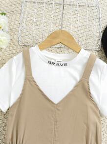 Tween Girl Round Neck Short Sleeve Top + Solid Color Pocketed Thick Strap Sleeveless Dress Two-Piece Set