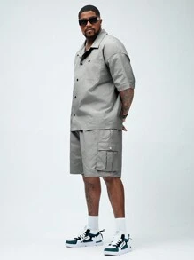 Manfinity VCAY 2 peças Conjunto Casual de Verão para Homens Plus Size com Camisa de Manga Curta e Shorts de Cor Sólida e Caimento Solto