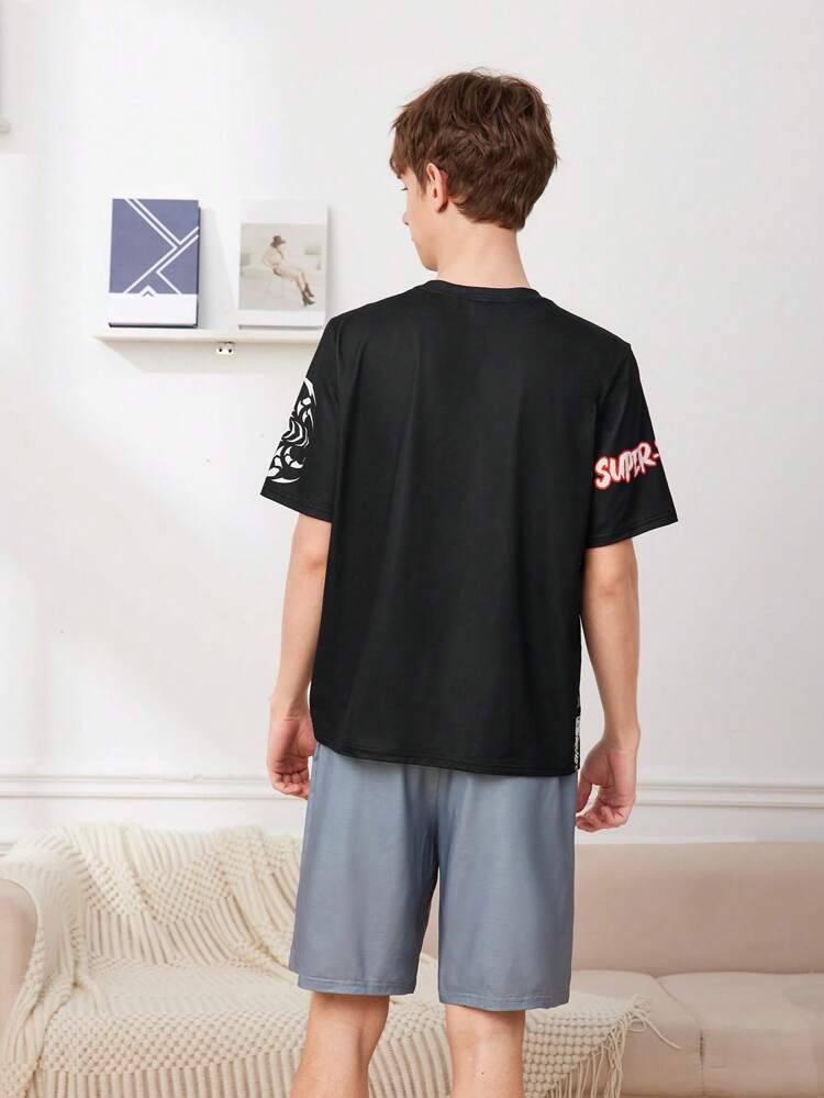 Teen Boy Two Pieces Set: Loose Fit Casual Sleepwear With Letter Pattern Round Neck Short Sleeve Top And Shorts