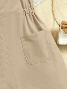 Tween Girl Round Neck Short Sleeve Top + Solid Color Pocketed Thick Strap Sleeveless Dress Two-Piece Set