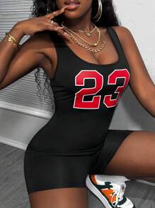 Slaydiva 簡約休閒基礎運動U形領字母印花無袖女士緊身跳躍套裝 - 黑色 - 查看 6