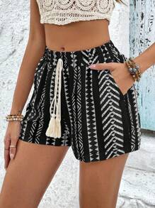 SHEIN Frenchy Women'S Geometric Pattern Shorts Chic Black Summer