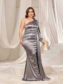 Faeriesty Plus One Shoulder Satin Formal Dress - Grey - View 4