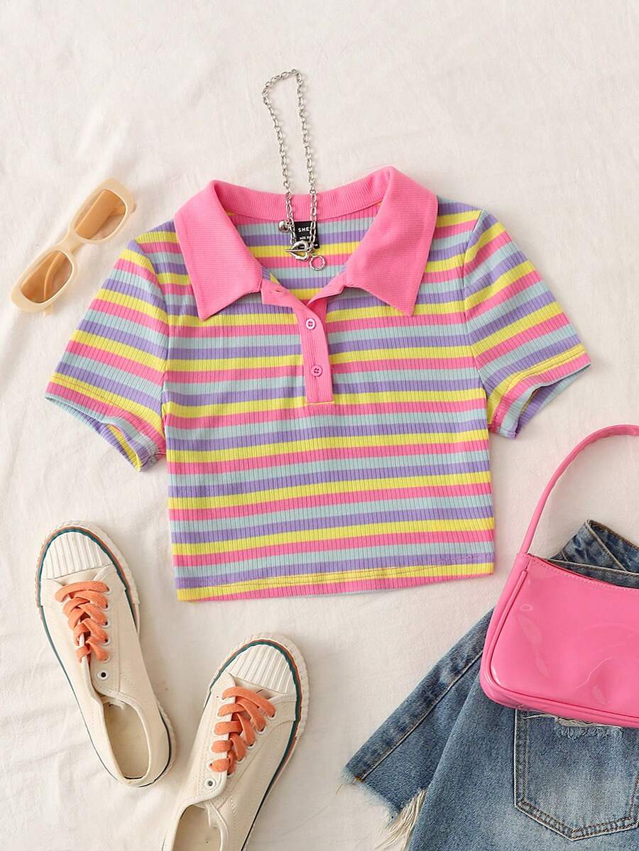 SHEIN EZwear 女士大尺碼彩虹條紋拼接撞色polo領短袖T卹,夏季日常休閒款 - 彩色 - 查看 1