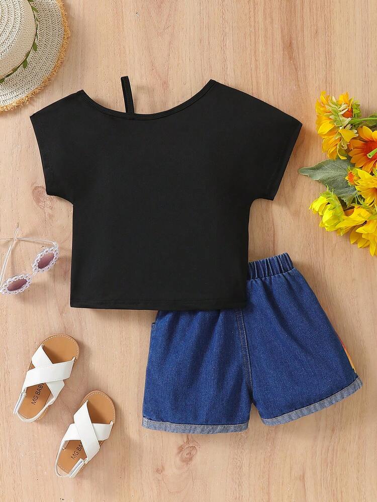 Young Girls' Summer Floral Prints Outfit With Off-Shoulder Top And Denim Shorts Set