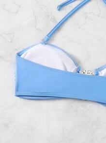SHEIN Swim Women Solid Color Hollow Out Halter Neck Tie Simple Fashion Bikini Swimwear Top Summer