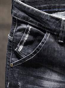 男式褶皱设计休闲松紧腰牛仔裤 - 深色水洗藍 - 查看 3