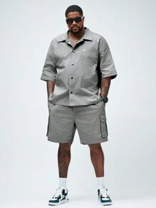 Manfinity VCAY 2 peças Conjunto Casual de Verão para Homens Plus Size com Camisa de Manga Curta e Shorts de Cor Sólida e Caimento Solto