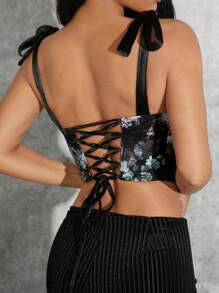 SHEIN Unity Figure Print Tie Strap Lace Up Backless Crop Top - Multicolor - View 4