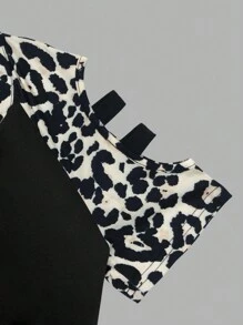 SHEIN LUNE 性感拼色镂空袖豹纹休闲修身黑色性感上衣，时尚夏季女式 T 恤 - 彩色 - 查看 4