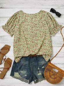 Linhara Plus Size Boho Puff Sleeve Floral Print Vacation Style Spring And Summer Shirt - Multicolor - View 2