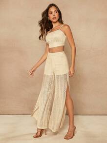 SHEIN Unity Bộ đồ hai mảnh áo buộc dây có họa tiết và quần xẻ tà - Màu be - Xem 7