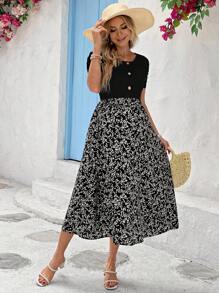 SHEIN Maternity Round Neck Short Sleeve Floral Print Dress - Black - View 3