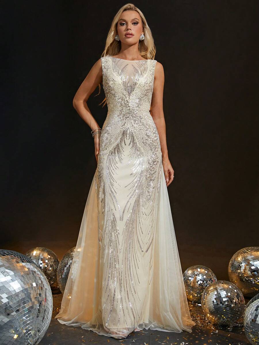 Tương phản Sequin Lưới Ăn mặc trang trọng - Màu be - Xem 1
