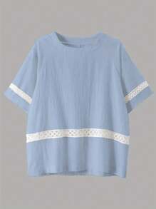 SHEIN LUNE Plus Size Colorblock Round Neck Pullover Shirt - Blue - View 3