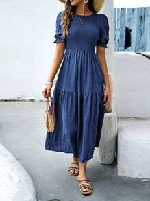 Breezaya 女士夏季纯色圆领短款泡泡袖休闲长款优雅褶皱连衣裙长款女装