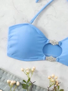 SHEIN Swim Women Solid Color Hollow Out Halter Neck Tie Simple Fashion Bikini Swimwear Top Summer