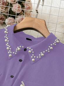 SHEIN Clasi Plus Size Summer Casual Elegant Personalized Faux Pearl-Beaded Shirt Dress - Purple - View 3