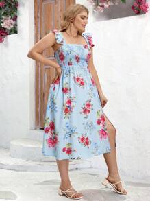 SHEIN Clasi 大尺碼夏季假期風格花卉印花露肩無袖連衣裙，帶荷葉邊分叉擺 - 彩色 - 查看 3