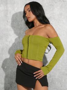 Hauture Off Shoulder Hook & Eye Knit Top - Black and White - View 1