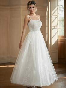 Women Sparkling Spaghetti Strap Wedding Dress With Contrast Mesh - White - View 3