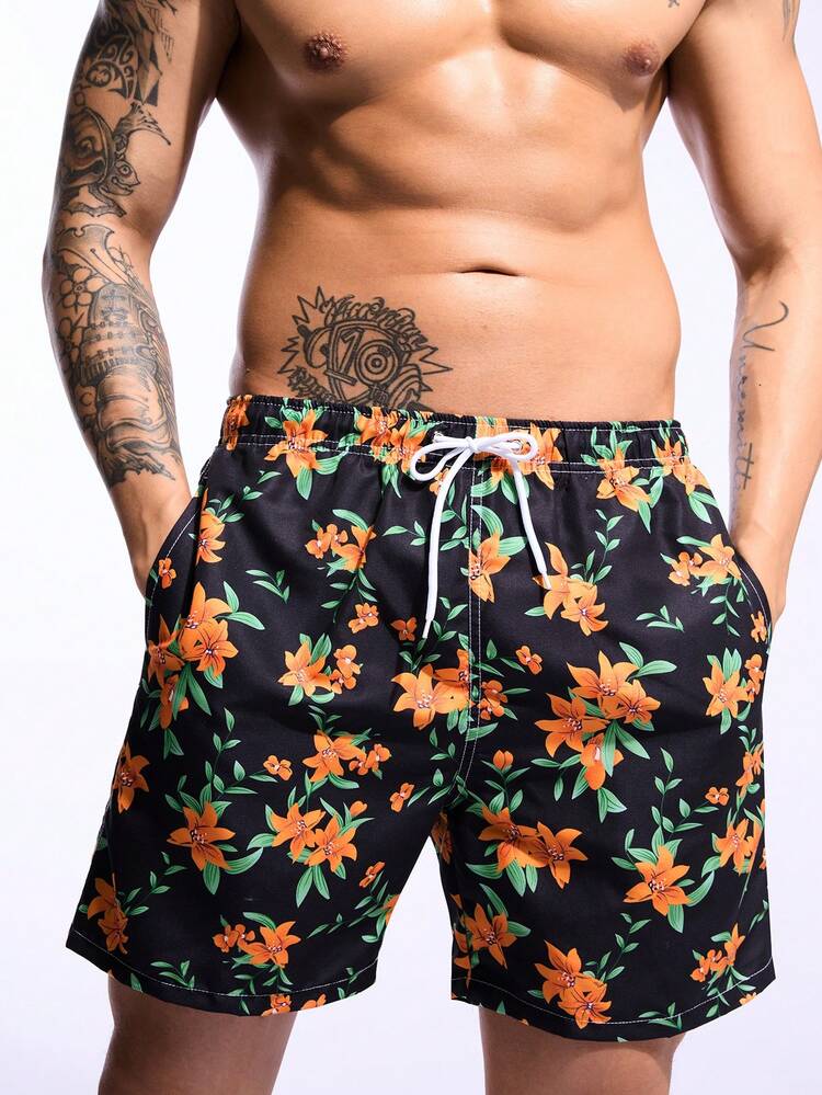 Men Casual Simple Printed Drawstring Beach Shorts