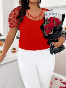 SHEIN Clasi 大码圆领网眼撞色纯色短袖 T 恤夏季新年衣服图案 T 恤女式上衣 - 紅色 - 查看 3