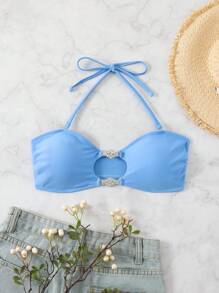 SHEIN Swim Women Solid Color Hollow Out Halter Neck Tie Simple Fashion Bikini Swimwear Top Summer