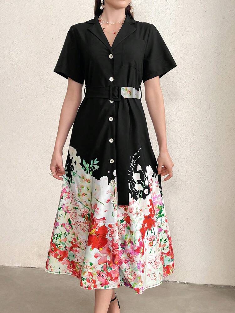 Women's Floral Printed Color Block Short Sleeve Shirt Dress