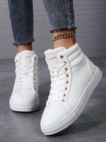 Giày thể thao cổ cao buộc dây in chữ tối giản cho nữ, giày thể thao phối màu unisex cho cặp đôi - trắng - Xem 3