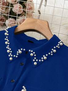 SHEIN Clasi 大尺碼優雅個性化珍珠裝飾短袖連衣裙,適用於夏季 - 藍色 - 查看 4